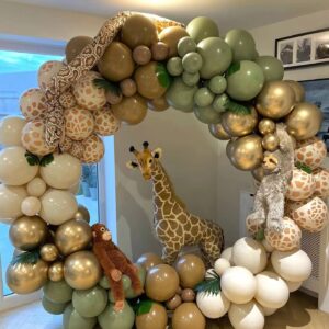 Safari Balloon Garland Arch Kit, 170pcs Sage Green White Sand Double Stuffed Brown Balloons with Animal Print Jungle Birthday Girl Baby Shower Wild One Decor for Giraffe Woodland Balloon Arch Kit