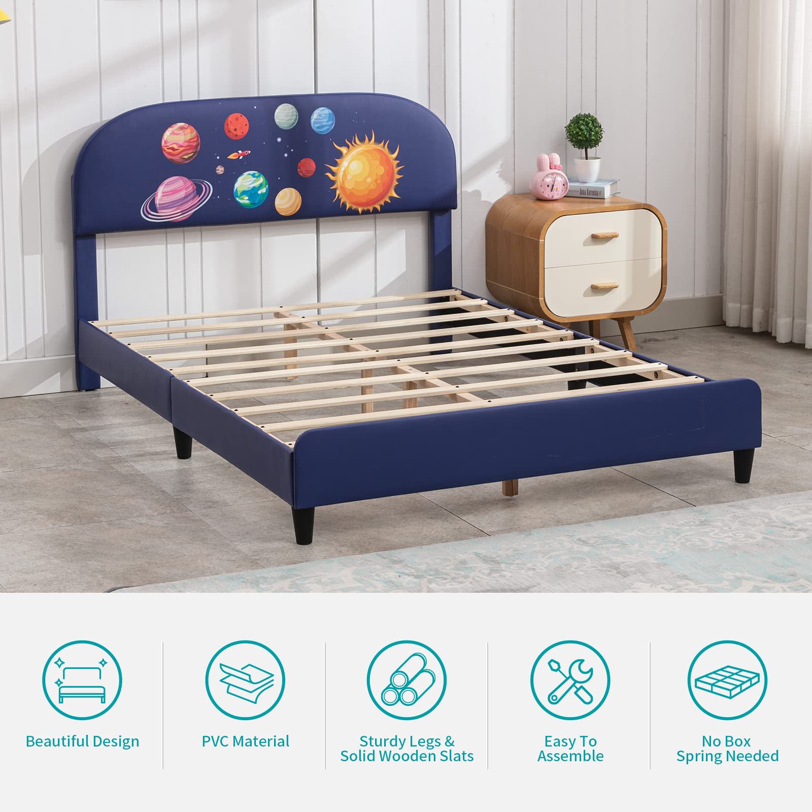 BALUS Twin Bed Frames for Kids, Bed Frame for Boys with PVC Tufted Headboard& Wood Upholstered Slat Support, No Spring Box Needed, Boys Space Adventures Bed Platform for Kids (Space Planet)