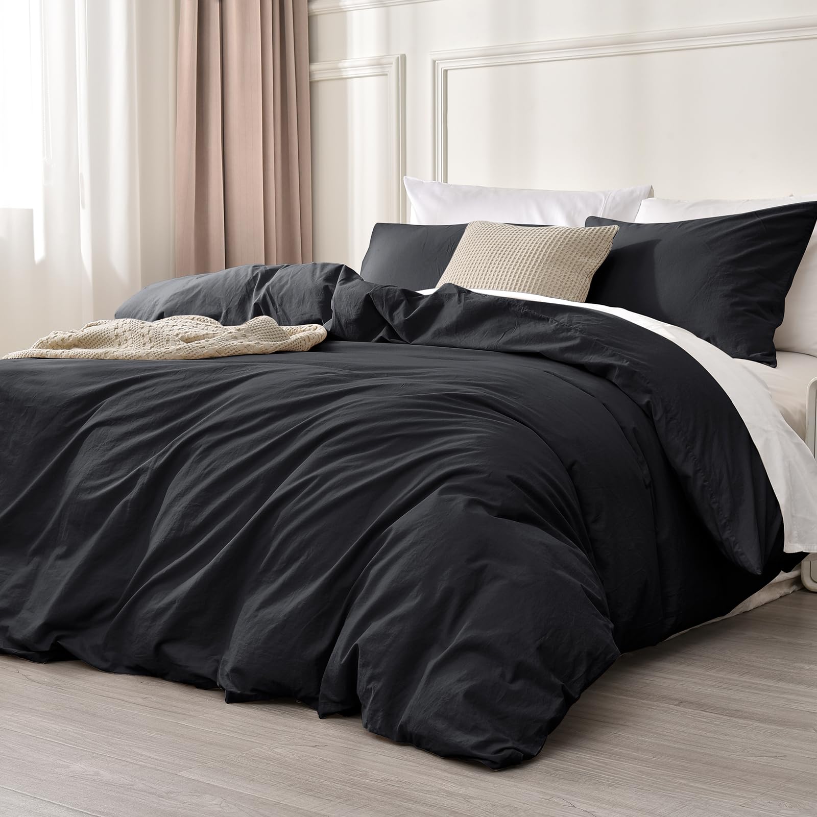 PHF 100% Washed Cotton Duvet Cover King Size, Ultra Soft Cotton Linen Tassel Like Duvet Cover Set, 3pcs Breathable Durable Duvet Cover with Pillowcases for All Seasons, 104"x90", Black