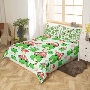 Mushroom Frog Duvet Cover Set Twin Size Cute Mushroom Bedding Set 2pcs for Kids Girls Boys Bedroom Decor Cartoon Animals Plants Comforter Cover Pink Green Quilt Cover,1 Pillowcase