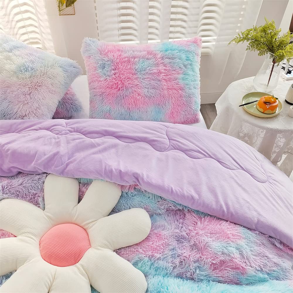 Roscloud Faux Fur Kids Girls Purple Rainbow Comforter Sets Twin/Full - 3PC Bed Set Warm Comfortable Soft Plush Flannel Velvet Fluffy Fuzzy Bedding（Comforter x 1 Pillowcases x 2）