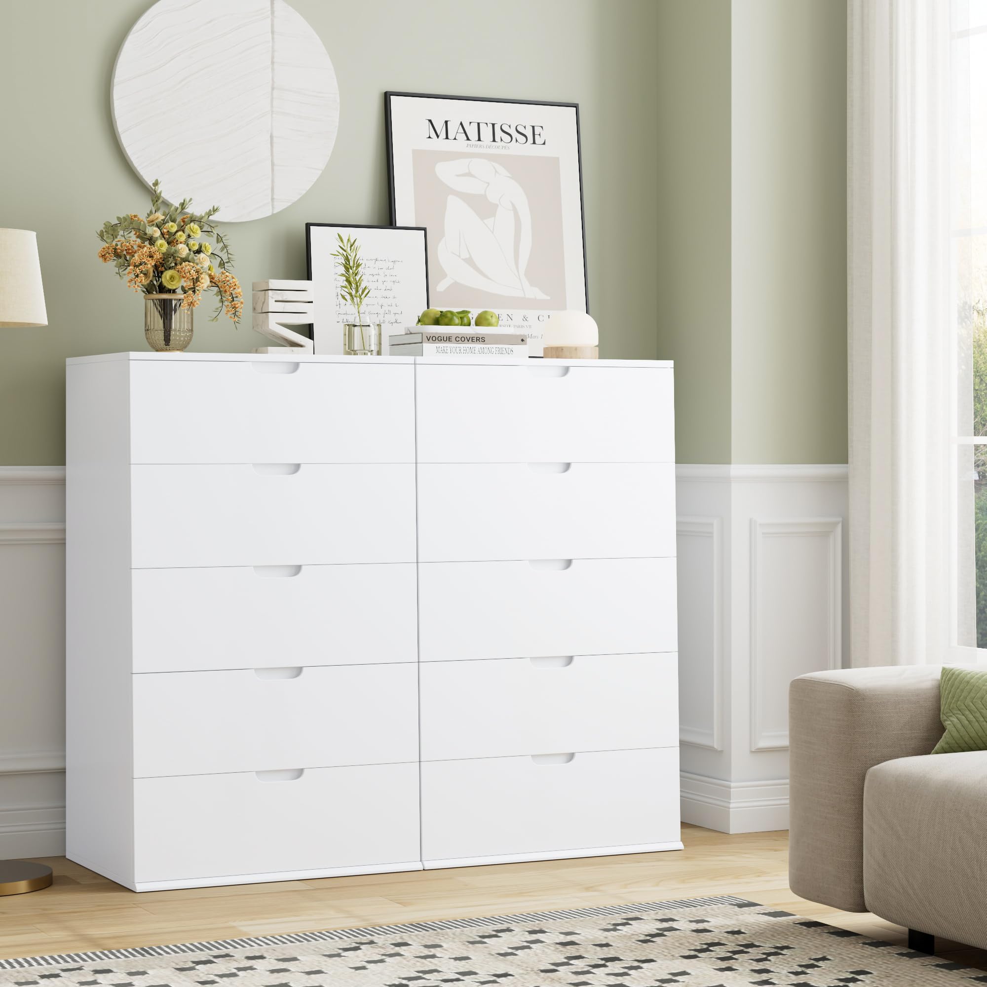 FOTOSOK 5 Drawer Dresser, White Dresser Modern Dresser Wood Chest of Drawers with Closed Cut-Out Handles, 23.6L x 17.3W x 39.4H Inch Tall White Dresser for Home Office