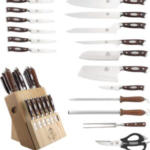 Bavarian Knife Works 19 Pieces Kitchen Knife Set, Knife Block Set with Steak Knives, Razor Sharp Blades, Ergonomic Pakkawood Handle, Light Weight Easy to Sharpen made of German Steel