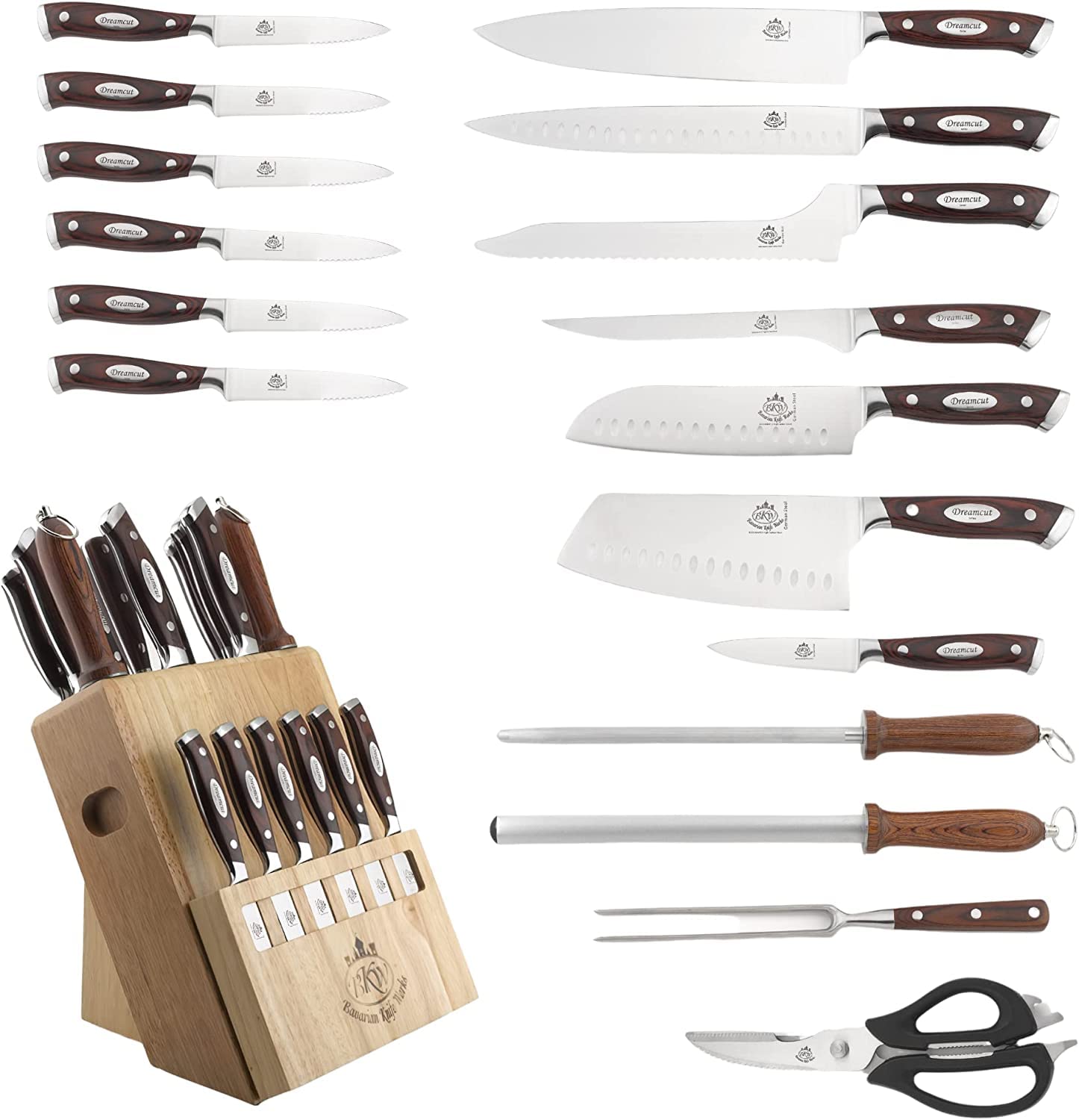 Bavarian Knife Works 19 Pieces Kitchen Knife Set, Knife Block Set with Steak Knives, Razor Sharp Blades, Ergonomic Pakkawood Handle, Light Weight Easy to Sharpen made of German Steel