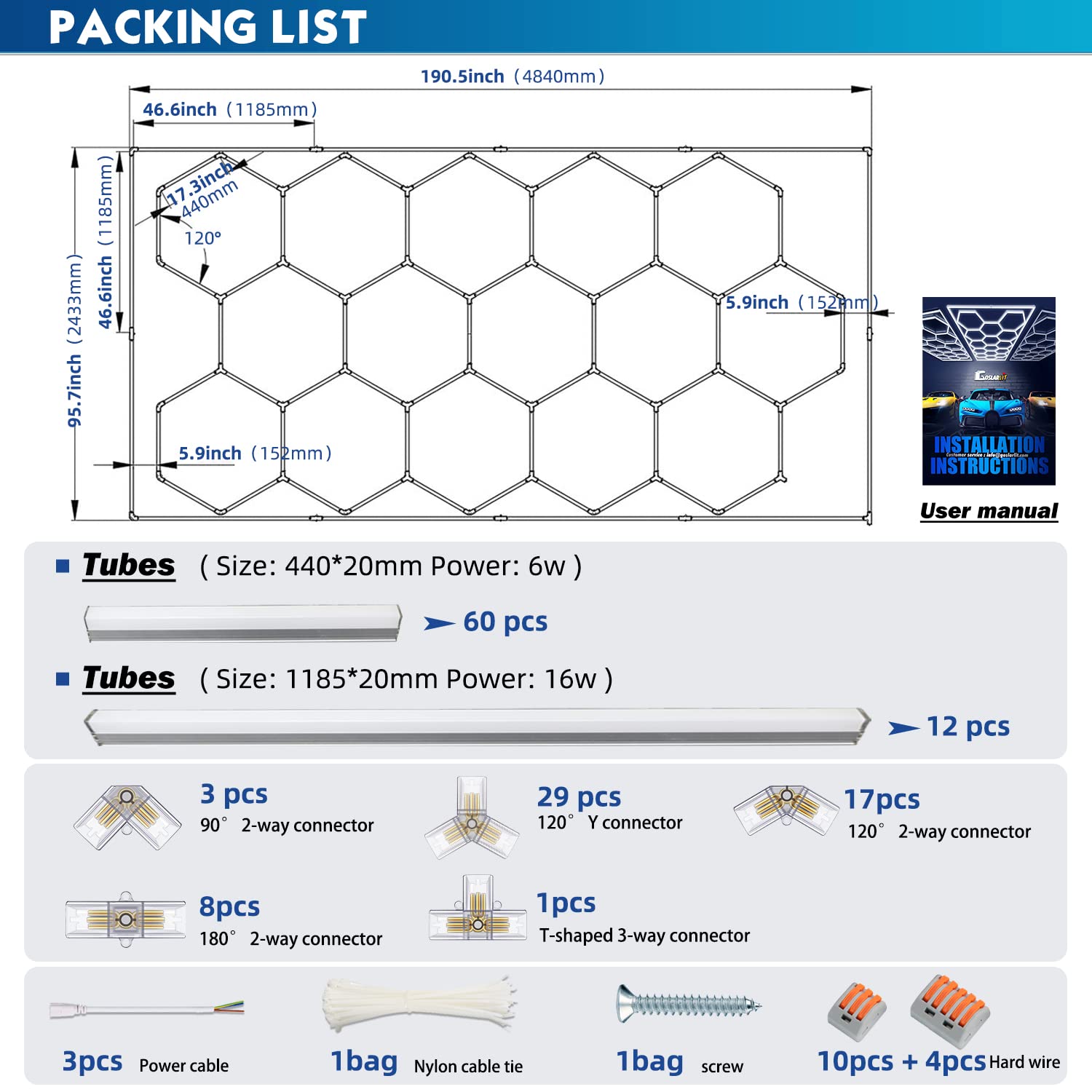 GOSLARLIT Hexagon LED Garage Lights,6500K Dimmable Ceiling Lights,Adjustable Brightness,High Energy-Saving Industrial Shop Lights for Market/Garage/Car Wash/Car Show(15.88fts x 7.98fts)