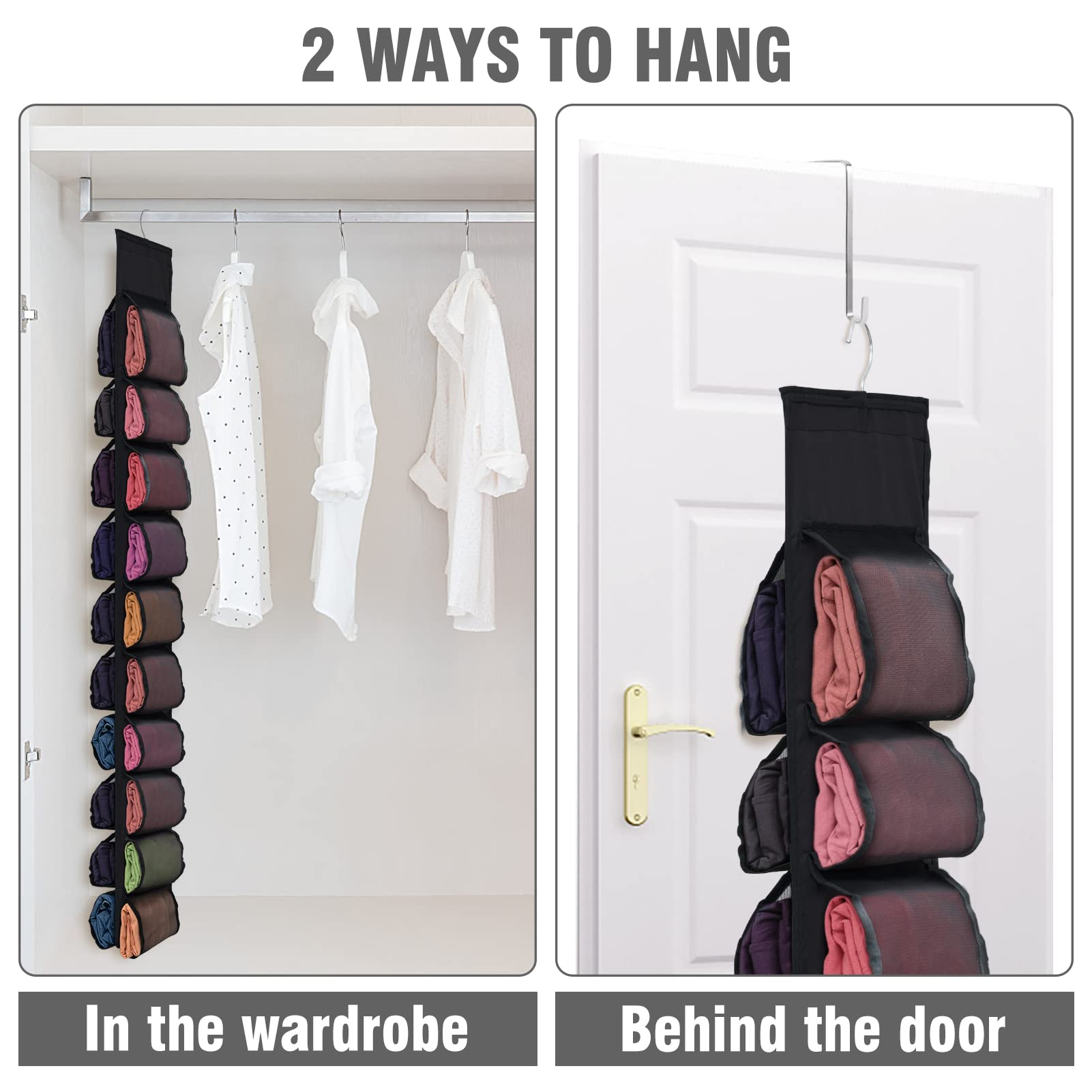 Aulock 2 Pack Legging Storage Organizer, Hanging Closet Organizer System, Black Clothes Closets Holder with 20 Roll Independent Compartments for Yoga T-Shirts Bras Socks Pants Tank Top Towel