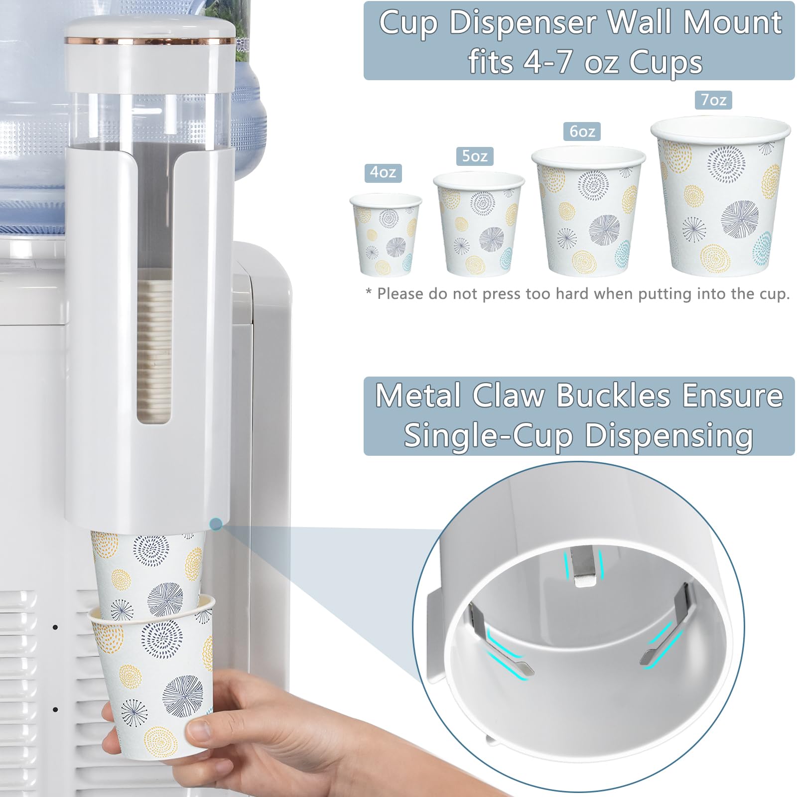 Cup Dispenser, Wall Mount Water Cooler Cup Dispenser fits 4-7 oz Disposable Paper and Plastic Cups, Pull Type Cup Holder for Bathroom, Office, Break Room, Gym, White