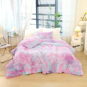 Roscloud Faux Fur Kids Girls Purple Rainbow Comforter Sets Twin/Full - 3PC Bed Set Warm Comfortable Soft Plush Flannel Velvet Fluffy Fuzzy Bedding（Comforter x 1 Pillowcases x 2）