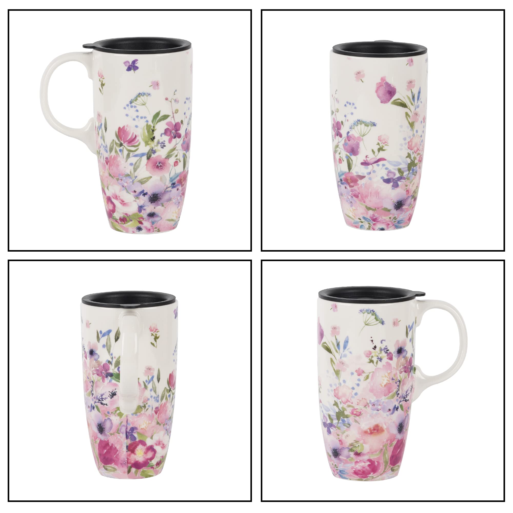 Voltogar Ceramic Mug Travel Coffee Cup with Lid for Home & Office, 17oz. Porcelain Tall Tea Cup with Handle, Pink & White Flower Mug Art Pattern in Color Box, 6.5" H