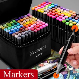 ZECHOMA 80 Colors Alcohol Markers Artist Drawing Art Dual Tip Markers Perfect for Kids Boys Girls Students Adult(80 Black Shell)