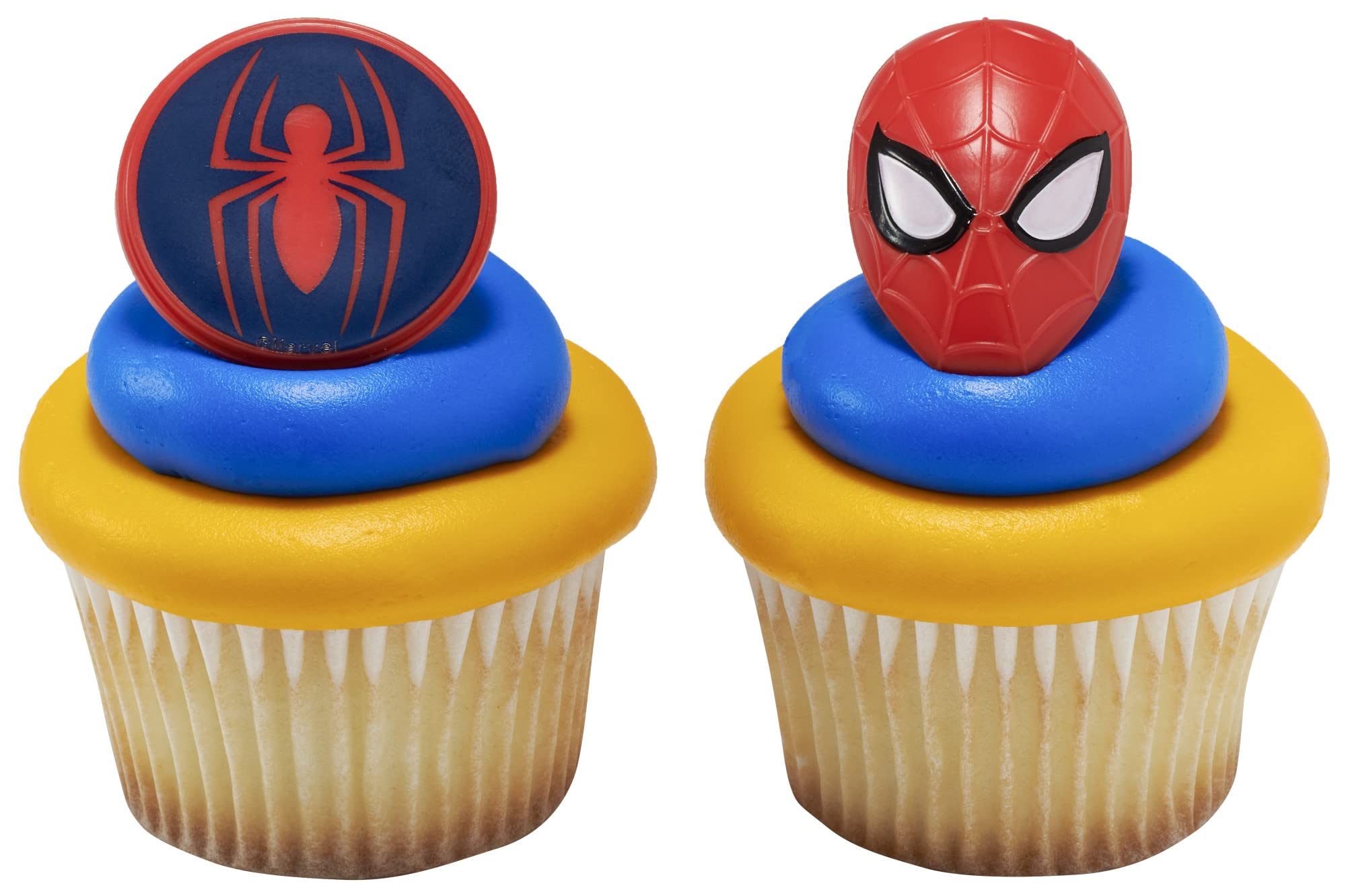 DecoPac Marvel's Spider-Man™ Spider and Mask Rings, Spider-Man Cupcake Decorations, Red and Blue Food Safe Cake Toppers – 24 Pack