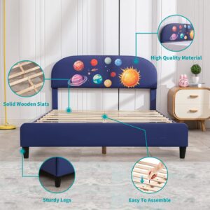 BALUS Twin Bed Frames for Kids, Bed Frame for Boys with PVC Tufted Headboard& Wood Upholstered Slat Support, No Spring Box Needed, Boys Space Adventures Bed Platform for Kids (Space Planet)