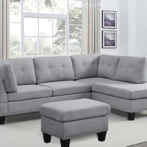 BEEY Modular Sectional Sofa Couch with Reversible Chaise, 3-Seat L Shaped Sectional Couch with Ottoman for Living Room, Right Facing Couch, Light Grey