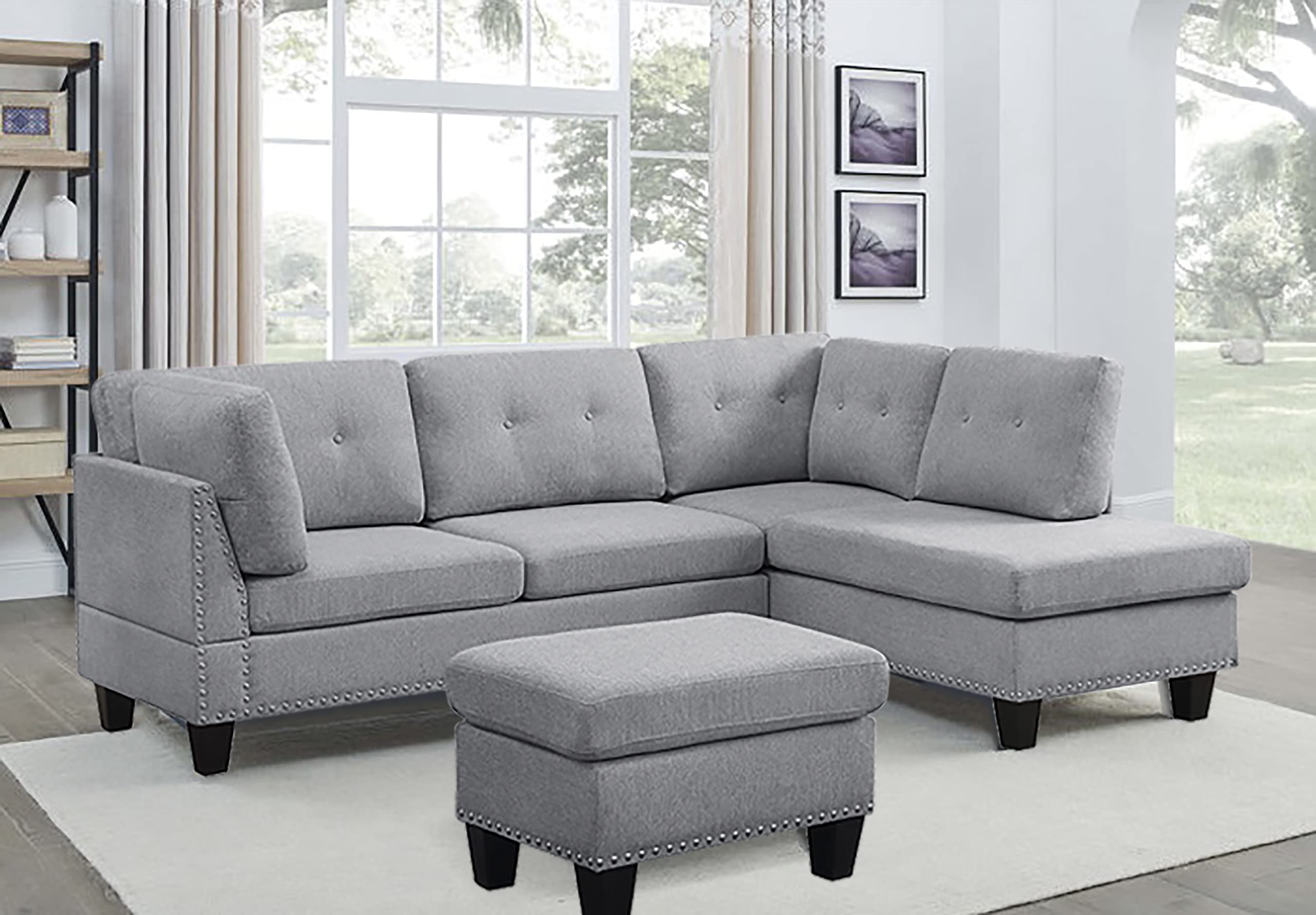 BEEY Modular Sectional Sofa Couch with Reversible Chaise, 3-Seat L Shaped Sectional Couch with Ottoman for Living Room, Right Facing Couch, Light Grey