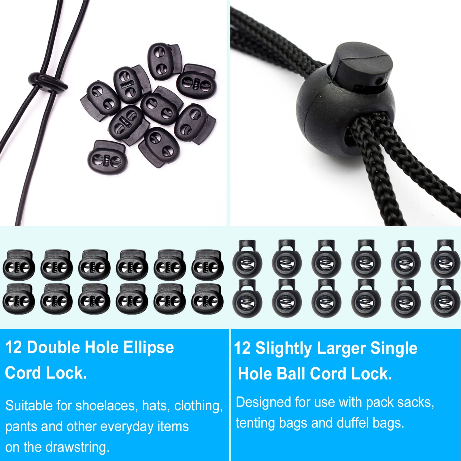 ZUSHALLMY 48pcs Upgraded Plastic Cord Lock, Cord Locks - Draw String Clip with Spring Toggle Stoppers Buttons for Drawstrings, Shoelaces, Paracord