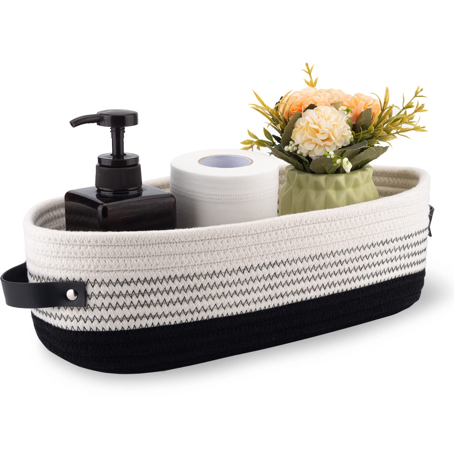 Oradrem Cotton Rope Toilet Basket Bathroom Decor Baskets, Toilet Paper Holder Basket, Farmhouse Home Decor Organizing Small Baskets 13"x5.9"x4" Black