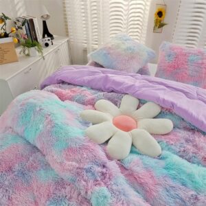 roscloud faux fur kids girls purple rainbow comforter sets twin/full - 3pc bed set warm comfortable soft plush flannel velvet fluffy fuzzy bedding（comforter x 1 pillowcases x 2）