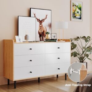 MAISONPEX Dresser for Bedroom with 6 Drawers and Metal Handle,Sturdy Frame Modern Bedroom Furniture, Chest of Drawers, White Dressers with Drawers for Closet Hallway, Living Room, Entryway