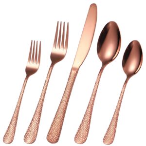 A · HOUSEWARE Hammered Silverware Copper/Rose Gold Flatware Set 40 Piece Service for 8 Stainless Steel Knives Forks Spoons Creative Handle Eating Utensils for Festival Parties Kitchen Daily Use