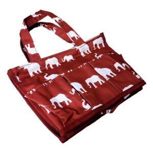 SONA G DESIGNS Small Fashion Organizing Tote Bag - 12 Outside Pockets Bingo Cosmetics Crafts Yarn Crochet Projects - Burgundy Elephant