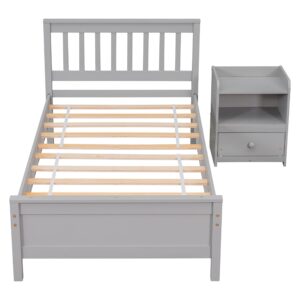 CITYLIGHT Twin Size Platform Bed with a Nightstand, Wooden Twin Bed Frame with Headboard and Footboard for Kids, Teens, Adults, No Box Spring Required (Twin, Gray)