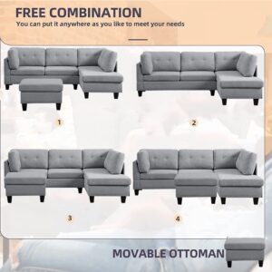 BEEY Modular Sectional Sofa Couch with Reversible Chaise, 3-Seat L Shaped Sectional Couch with Ottoman for Living Room, Right Facing Couch, Light Grey