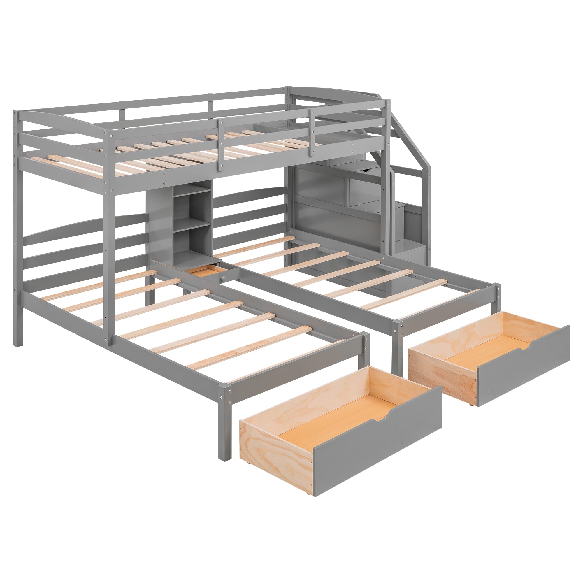 Triple Bunk Beds with Stairs , Wood Twin Over Twin & Twin Bunk Bed with Storage Drawers and Built-in Shelves, Triple Bed for Kids ,3 Bed Bunk Beds with Storage for Girls Boys ,Grey