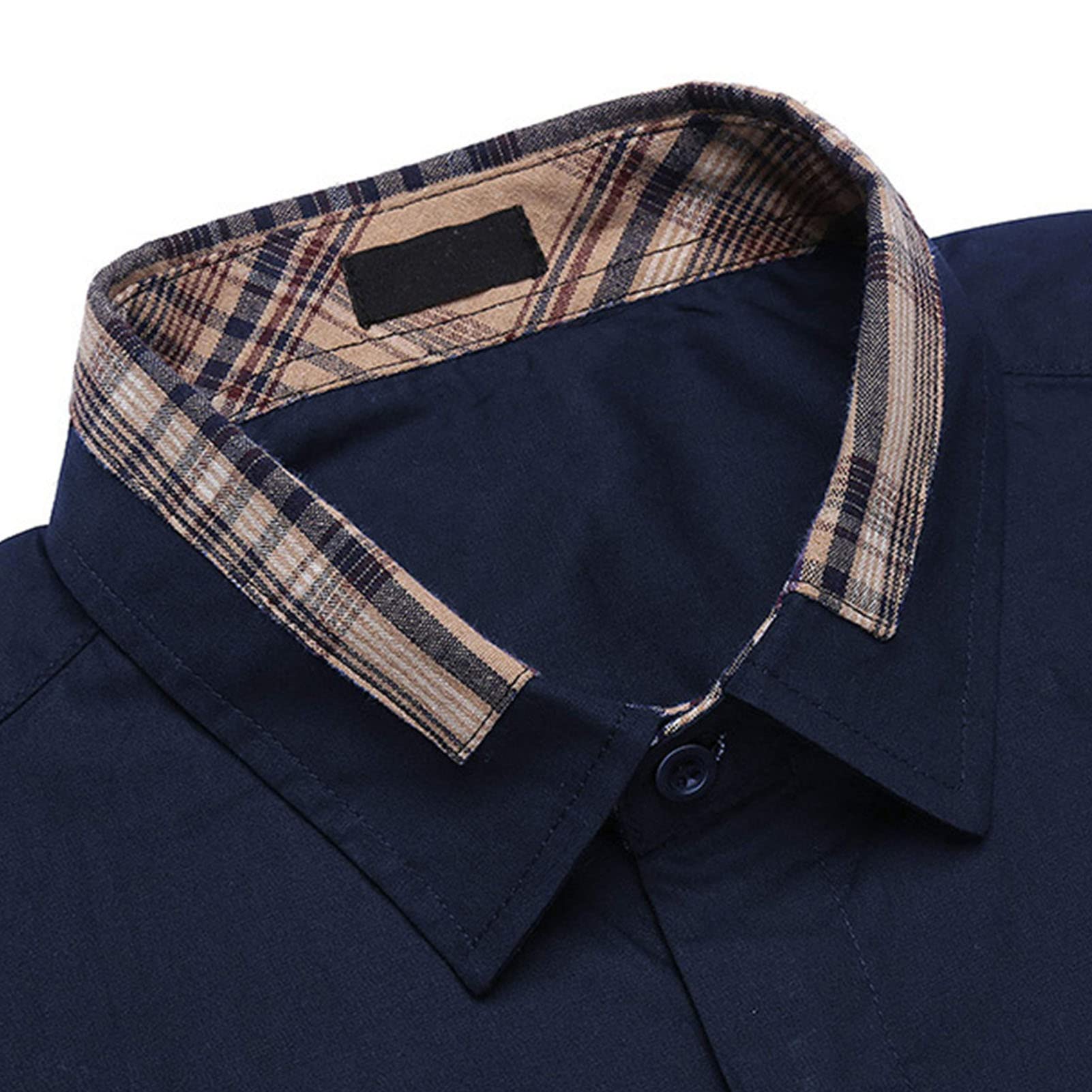 Men Long Sleeve Patchwork Dress Shirts Classic Plaid Button Down Shirts Slim Fit Turn-Down Collar Shirt Tops (Dark Blue,X-Large)