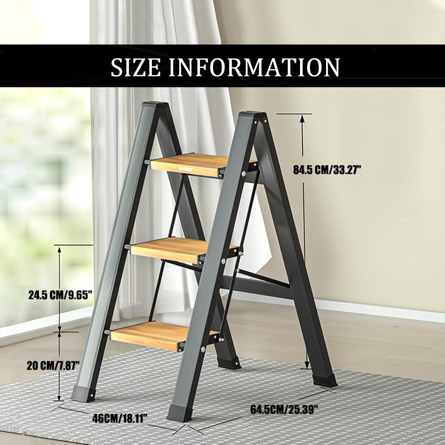 KISKIS Folding 3 Step Ladder Woodgrain Aluminum Kitchen Step Stool, Anti-Slip Pedal, Portable Lightweight Closet Ladders for Home Adults, 330 Lbs