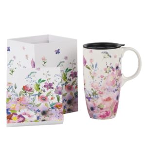 voltogar ceramic mug travel coffee cup with lid for home & office, 17oz. porcelain tall tea cup with handle, pink & white flower mug art pattern in color box, 6.5" h