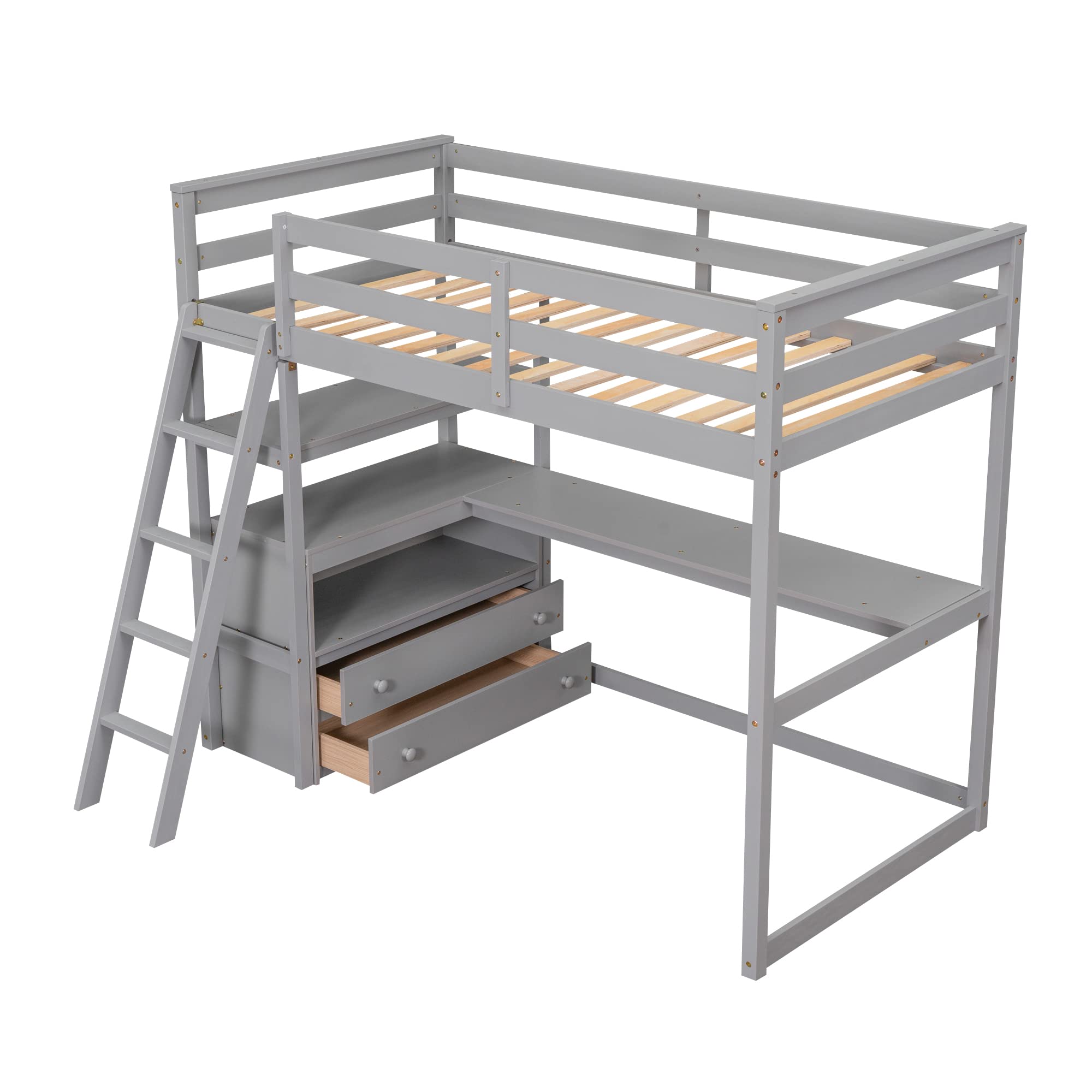 Bellemave Twin Loft Bed with Desk and Storage Drawers Wood Loft Bed with Bookshelf and Ladder for Kids Boys Girls Teens, Gray