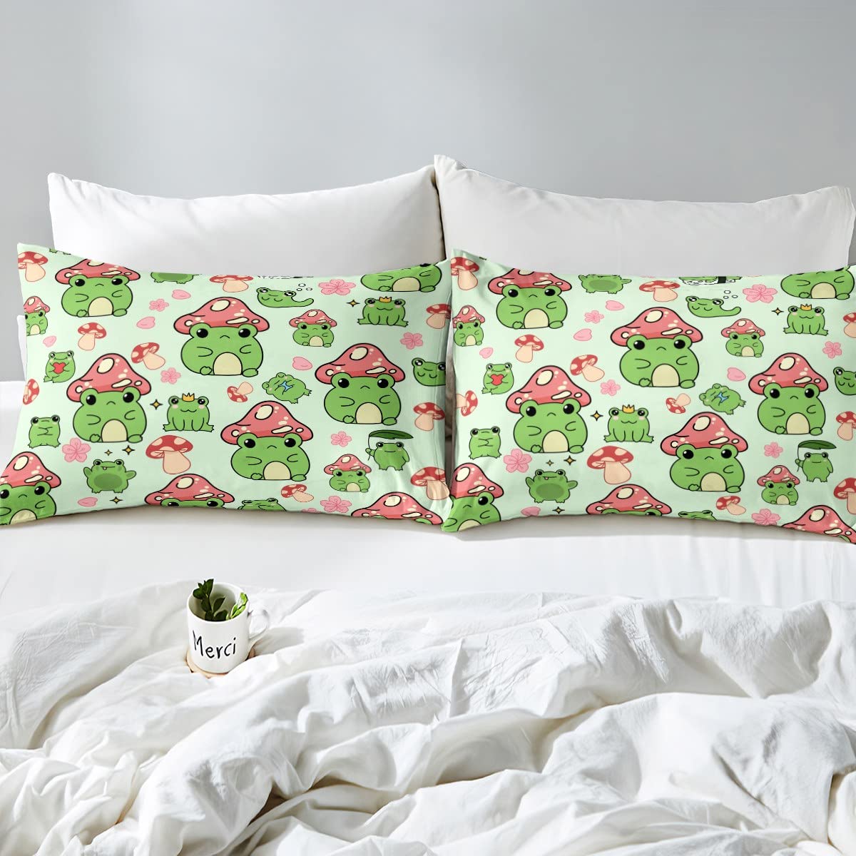 Mushroom Frog Duvet Cover Set Twin Size Cute Mushroom Bedding Set 2pcs for Kids Girls Boys Bedroom Decor Cartoon Animals Plants Comforter Cover Pink Green Quilt Cover,1 Pillowcase