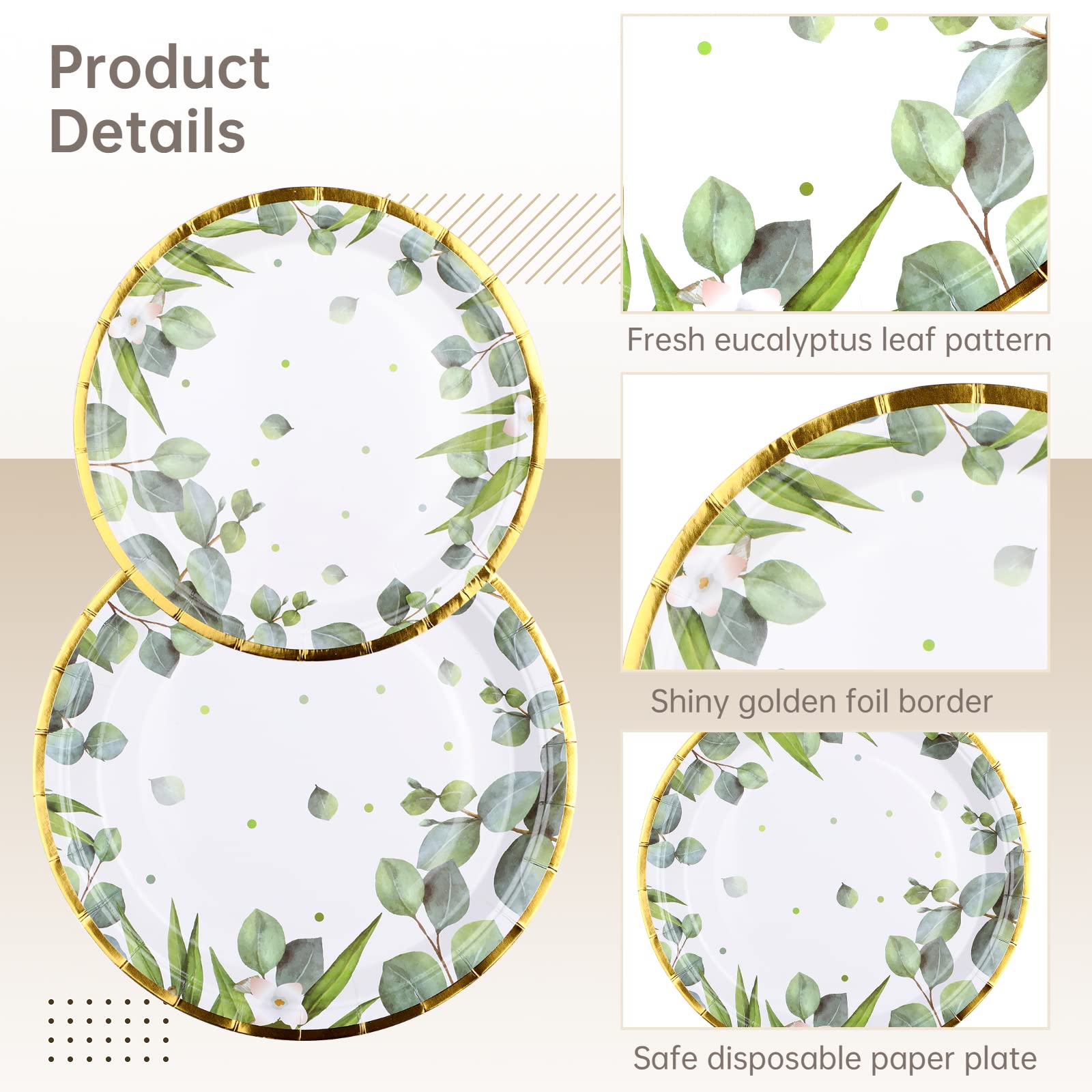 YHomU 126PCS Sage Green Party Supplies Greenery Paper Plates Napkins Cutleries Kit, Spring Eucalyptus Green Leaves Disposable Dinnerware Decor for Wedding Birthday Baby Shower