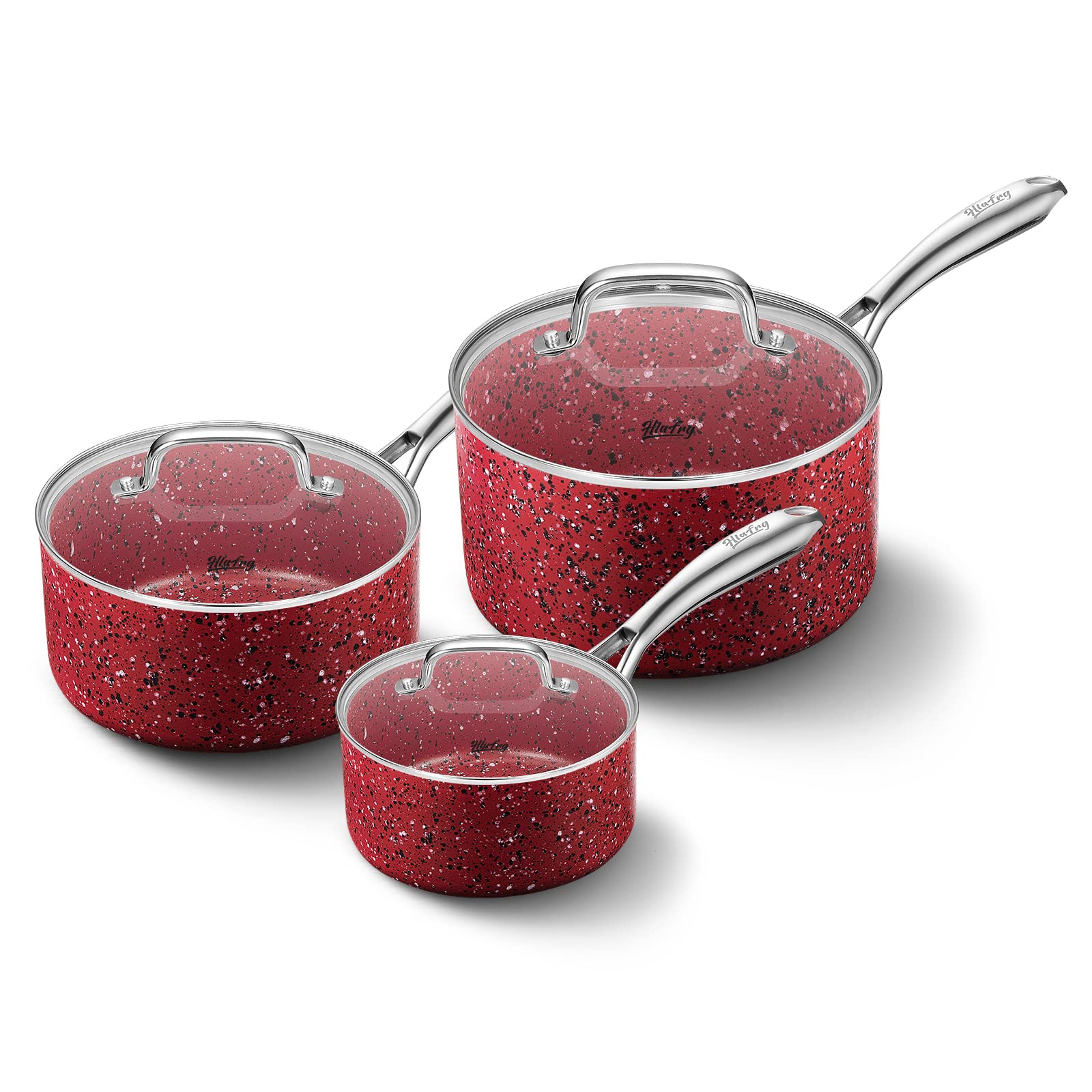 HLAFRG Nonstick Premium 3-Piece Saucepan Set with Glass Lids, Natural Durable Granite Coating, Nonstick, Durable & Oven Safe to 450°F, 1&2&3QT, Red