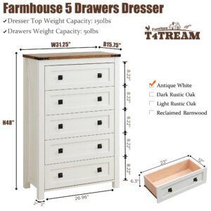 T4TREAM Farmhouse 5 Drawers Dresser Chests for Bedroom, Wood Rustic Tall Chest of Drawers, Dressers Organizer for Bedroom, Living Room, Hallway, Antique White