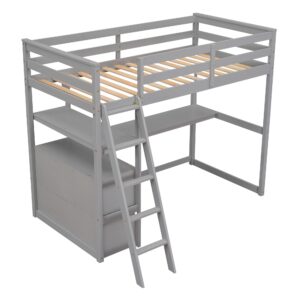 Bellemave Twin Loft Bed with Desk and Storage Drawers Wood Loft Bed with Bookshelf and Ladder for Kids Boys Girls Teens, Gray