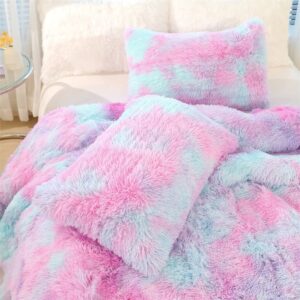 Roscloud Faux Fur Kids Girls Purple Rainbow Comforter Sets Twin/Full - 3PC Bed Set Warm Comfortable Soft Plush Flannel Velvet Fluffy Fuzzy Bedding（Comforter x 1 Pillowcases x 2）