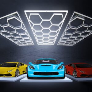 goslarlit hexagon led garage lights,6500k dimmable ceiling lights,adjustable brightness,high energy-saving industrial shop lights for market/garage/car wash/car show(15.88fts x 7.98fts)