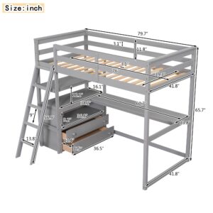 Bellemave Twin Loft Bed with Desk and Storage Drawers Wood Loft Bed with Bookshelf and Ladder for Kids Boys Girls Teens, Gray