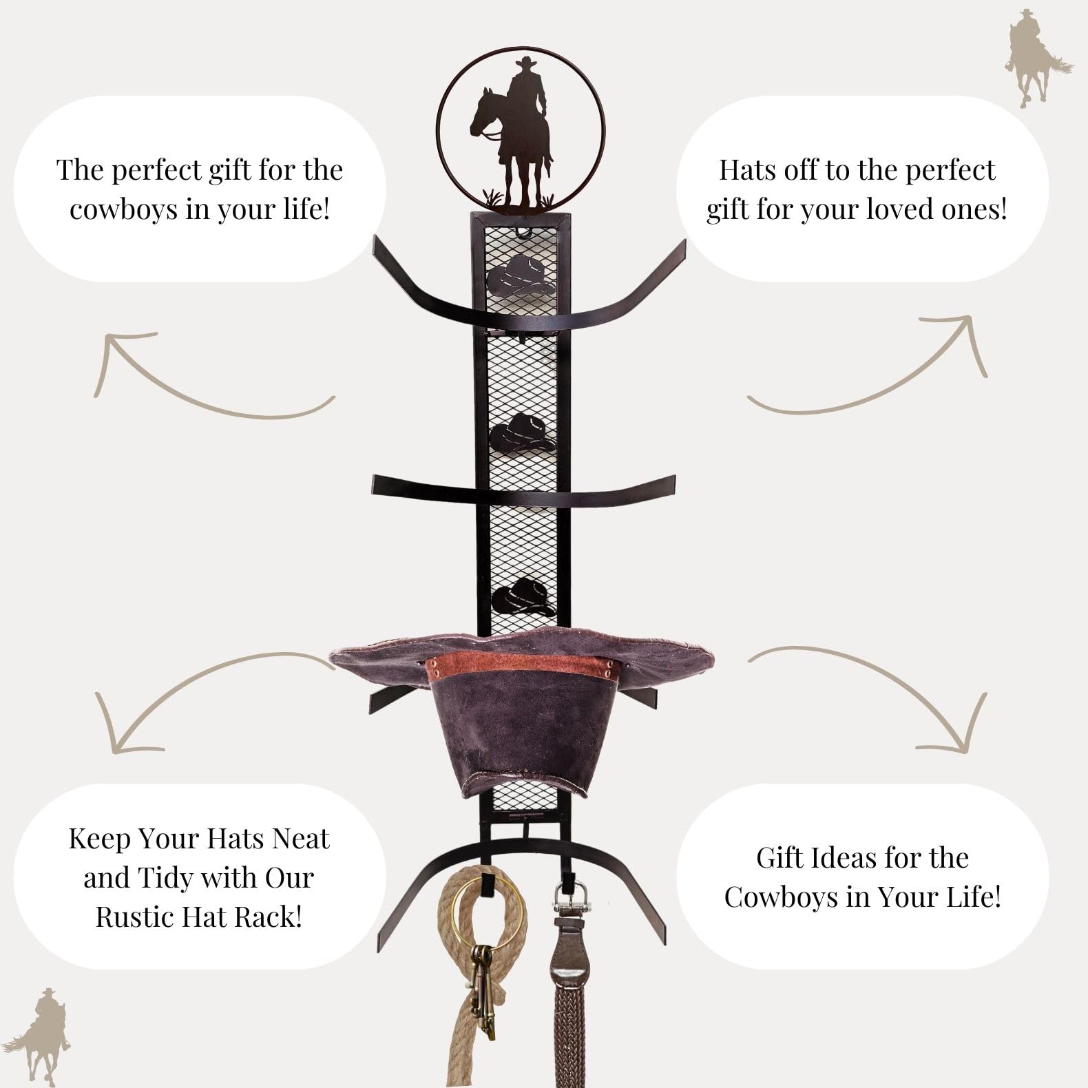 BestGiftEver Cowboy Hat Rack Wall Mount - Rustic Western Style Metal Hat Holder with 4 Slots - Country Cowboy Decor for Wall or Over Door, Ideal for Ranch and Rustic Home Style Enthusiasts