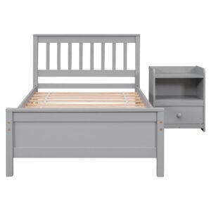 CITYLIGHT Twin Size Platform Bed with a Nightstand, Wooden Twin Bed Frame with Headboard and Footboard for Kids, Teens, Adults, No Box Spring Required (Twin, Gray)