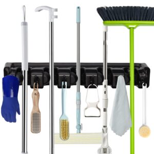 2 Pack Mop and Broom Holder, Wall Mounted Garden Tool Organizer, Ideal Broom Hanger Tool Rack Storage for Kitchen, Garage, Laundry Room - 5 Position 6 Hooks (Black)