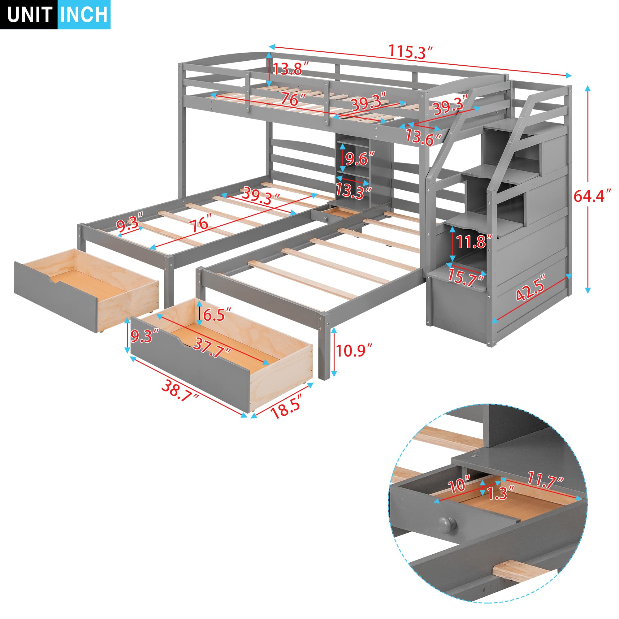 Triple Bunk Beds with Stairs , Wood Twin Over Twin & Twin Bunk Bed with Storage Drawers and Built-in Shelves, Triple Bed for Kids ,3 Bed Bunk Beds with Storage for Girls Boys ,Grey