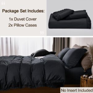 PHF 100% Washed Cotton Duvet Cover Queen Size, Ultra Soft Cotton Tassel Linen Like Duvet Cover Set, 3pcs Breathable Durable Duvet Cover with Pillowcases for All Seasons, 90"x90", Black