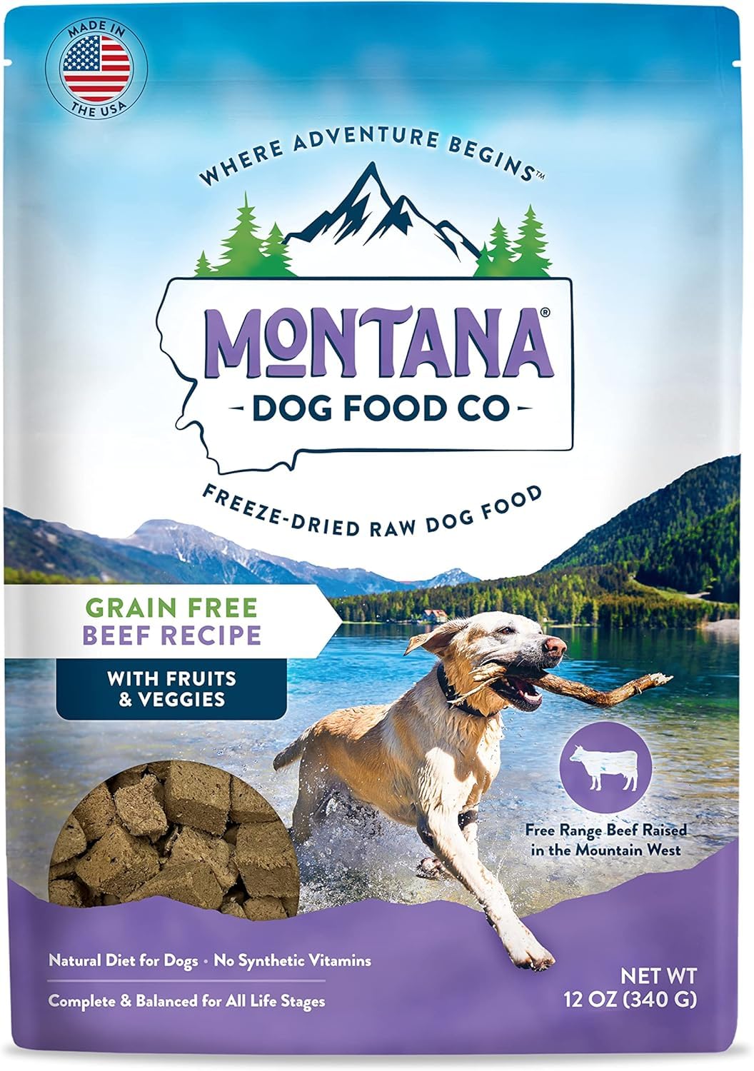 MONTANA DOG FOOD CO. Beef Freeze-Dried Raw Dog Food Topper – Grain-Free, High Protein Meal Enhancer with 100% All-Natural Free-Range Beef & Vegetables – Premium USA-Made, 12 oz