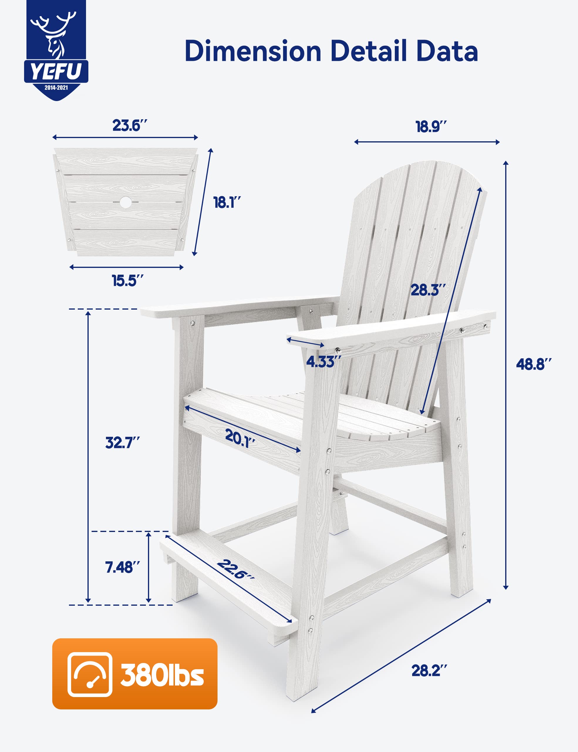 YEFU Balcony Chair, Tall Adirondack Chair Set of 2 with Connecting Tray, Poly Lumber Adirondack Chair Bar Stools, Patio Stools, 380lbs, Weather Resistant for Outdoor Deck Lawn Pool Backyard-White