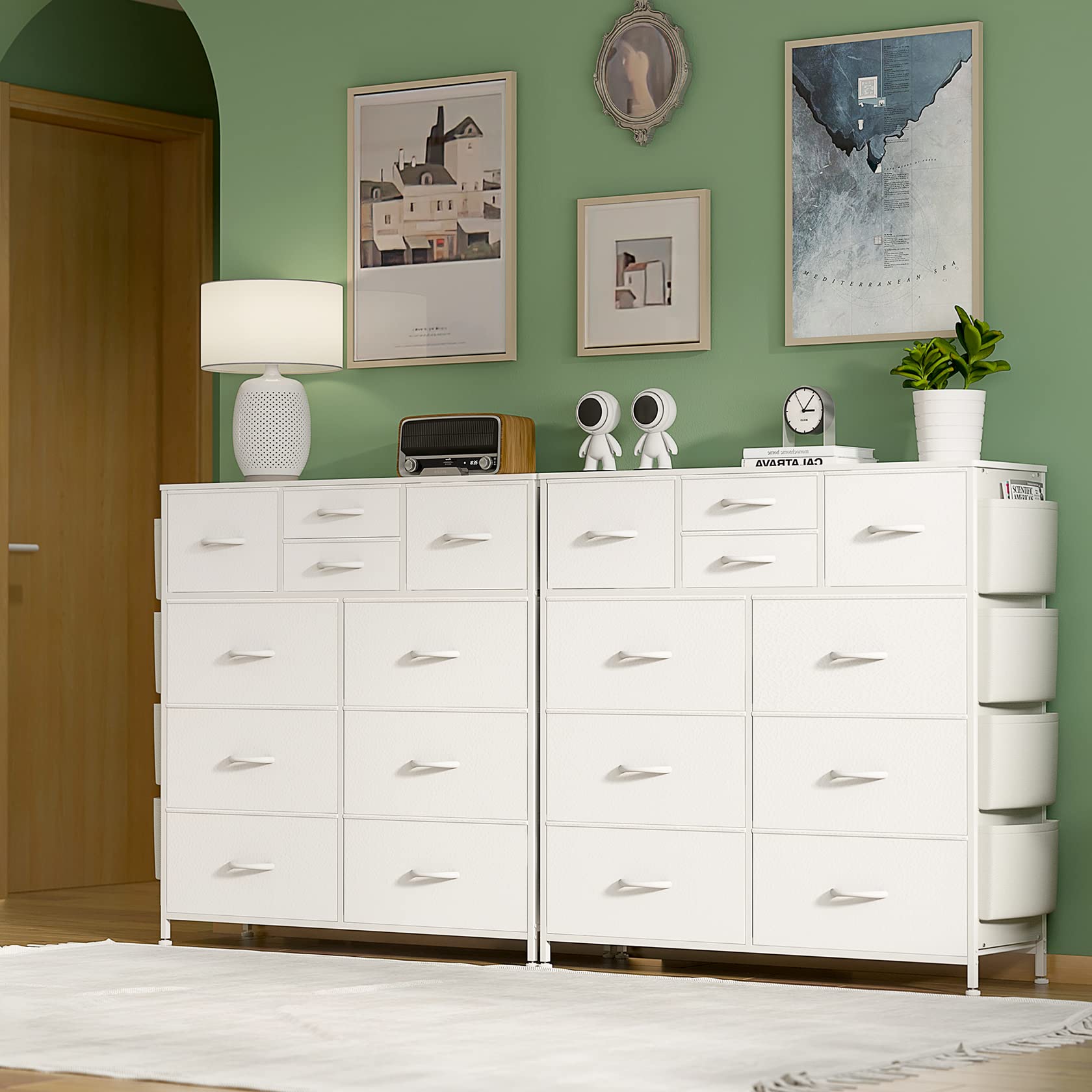 Lulive White Dresser for Bedroom with 10 Drawers, Chest of Drawers with Side Pockets and Hooks, PU Storage Dresser, Organizer Unit for Living Room, Hallway, Closet (White)