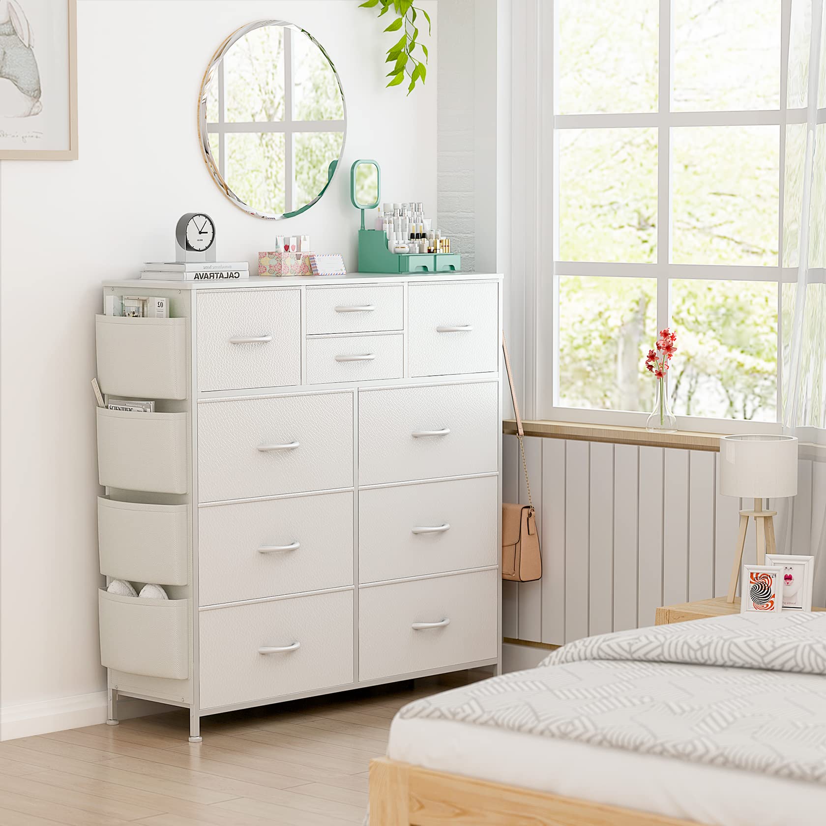 Lulive White Dresser for Bedroom with 10 Drawers, Chest of Drawers with Side Pockets and Hooks, PU Storage Dresser, Organizer Unit for Living Room, Hallway, Closet (White)