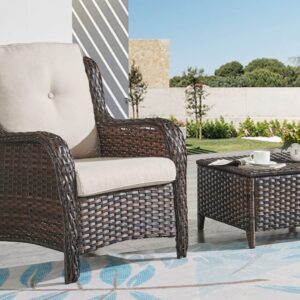 HUMMUH Patio Chairs Wicker Patio Dining Chairs Set of 2 PE Rattan Deep Seating Outdoor Chairs with 4 inch Seat Cushions(Brown/Beige)