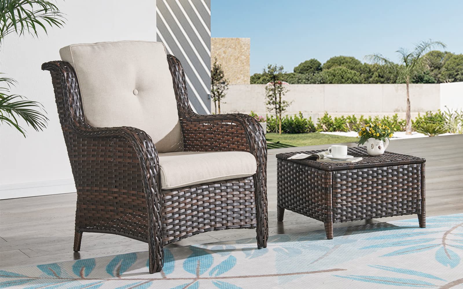 HUMMUH Patio Chairs Wicker Patio Dining Chairs Set of 2 PE Rattan Deep Seating Outdoor Chairs with 4 inch Seat Cushions(Brown/Beige)